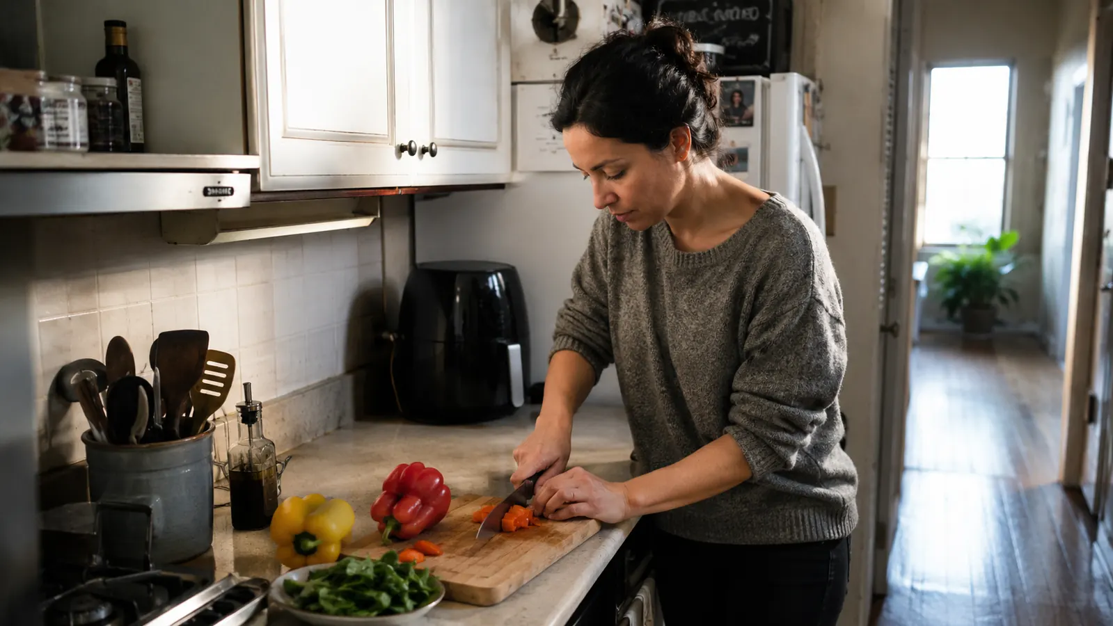 A small kitchen counter with the air fryer put away, showing the open, uncluttered space it leaves behind