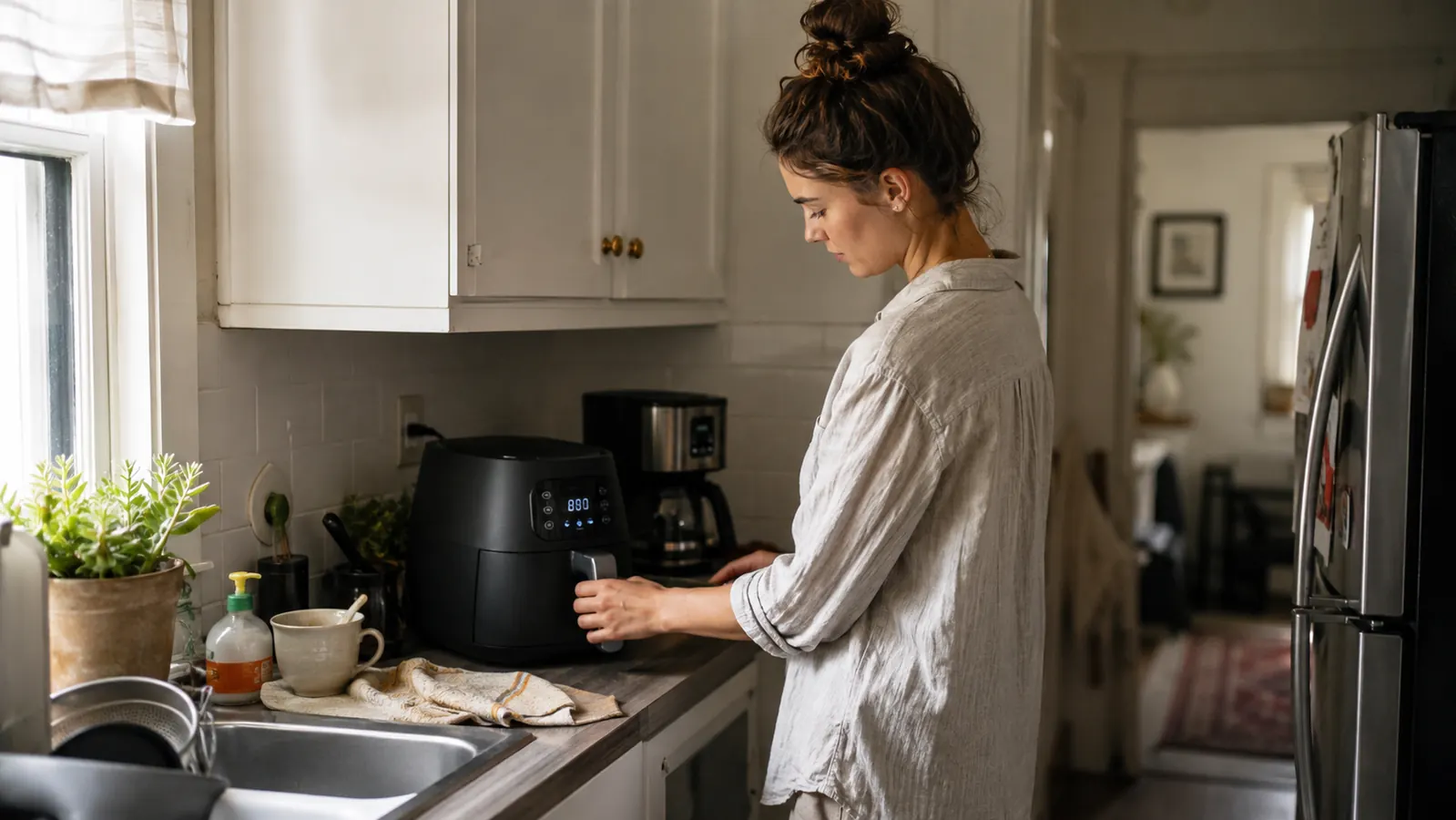 A small aqua-colored air fryer sitting on a narrow kitchen counter next to a coffee maker, in a tight apartment kitchen