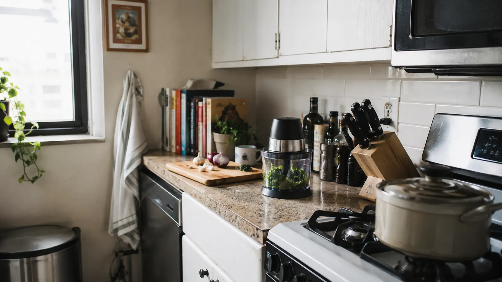 A small white and stainless chopper sitting next to a knife block on a narrow kitchen counter, cutting board partly visible