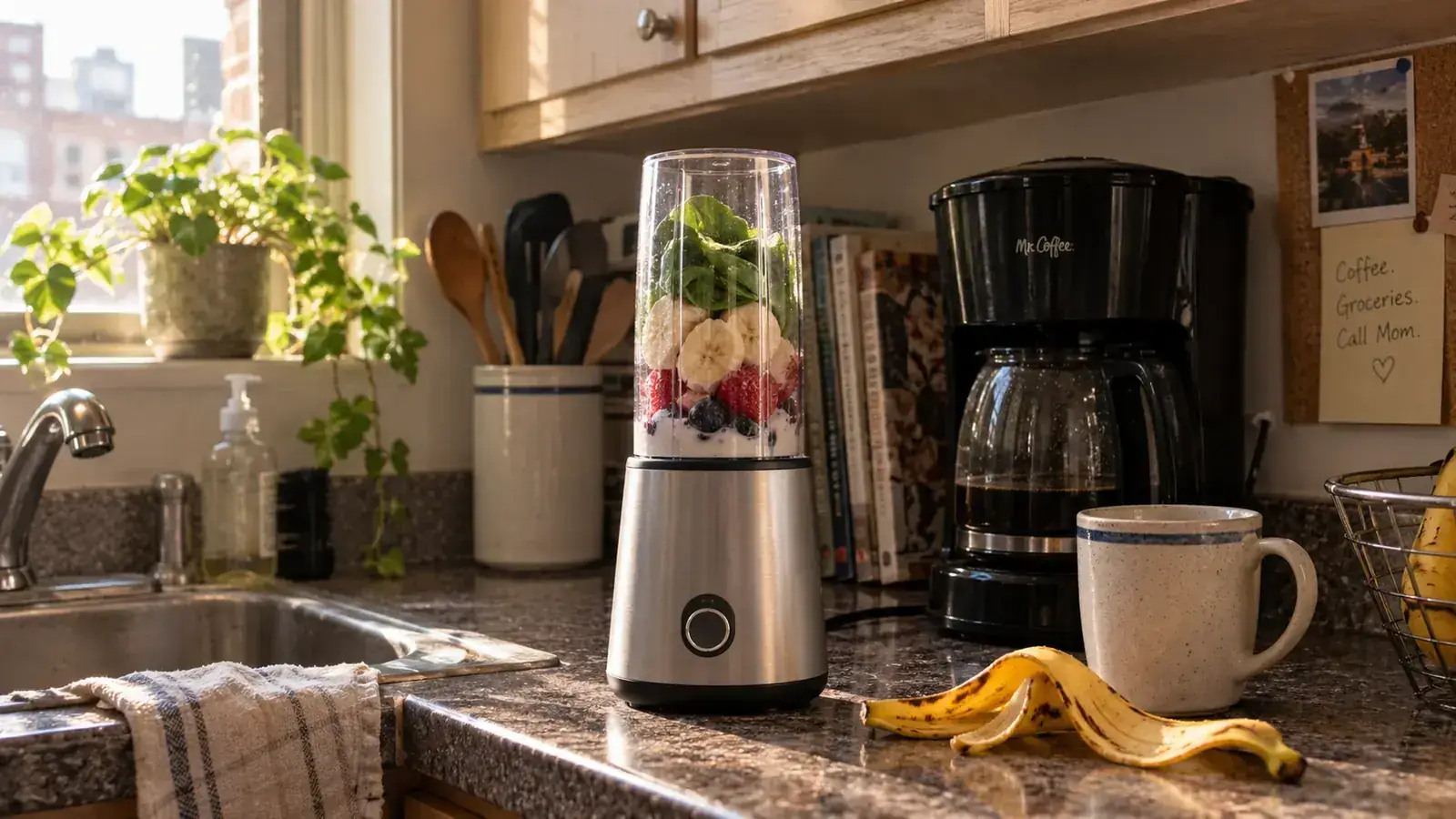 A small silver personal blender with a short cup attached, sitting on a narrow apartment kitchen counter next to a coffee maker