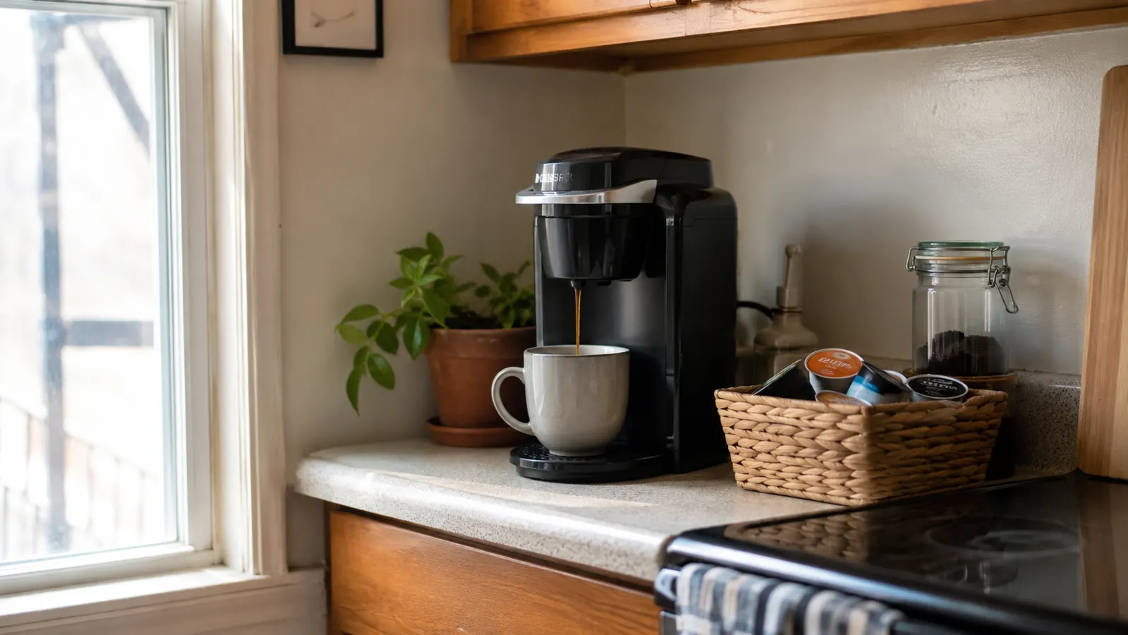 A slim black single-serve coffee maker on a narrow apartment kitchen counter with one mug underneath the spout