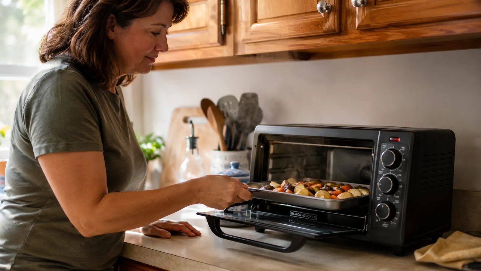 Hands sliding a small tray of roasted vegetables out of a silver toaster oven on a kitchen counter