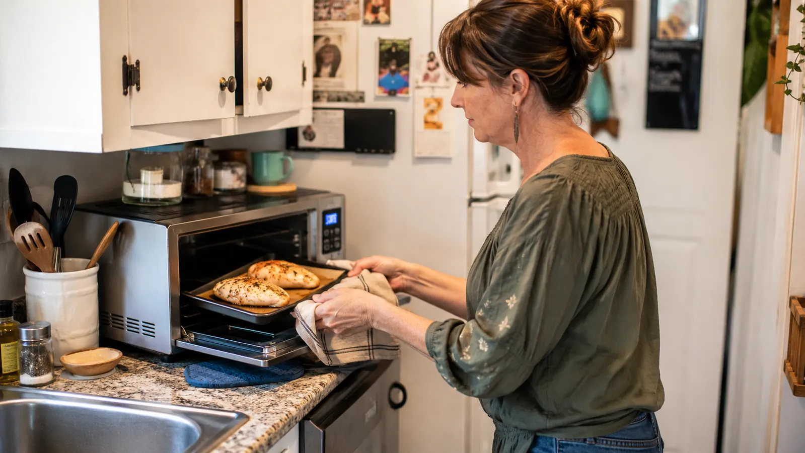 Woman in a small kitchen sliding a baking sheet with two chicken breasts into a countertop toaster oven