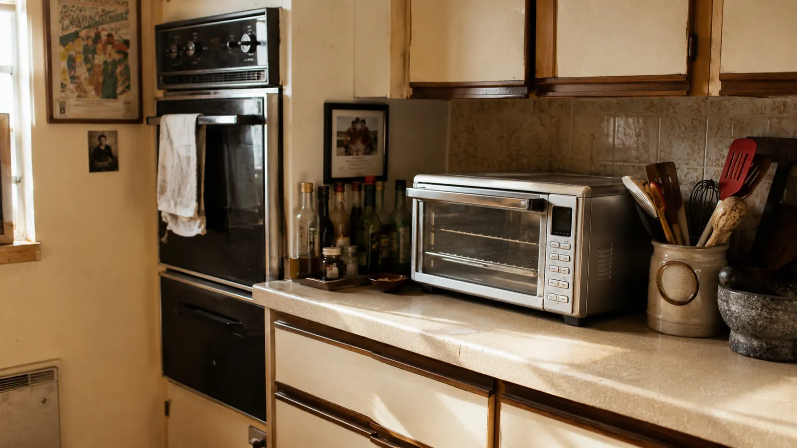 Narrow galley kitchen with a wall oven and a silver toaster oven sitting on the counter beside it