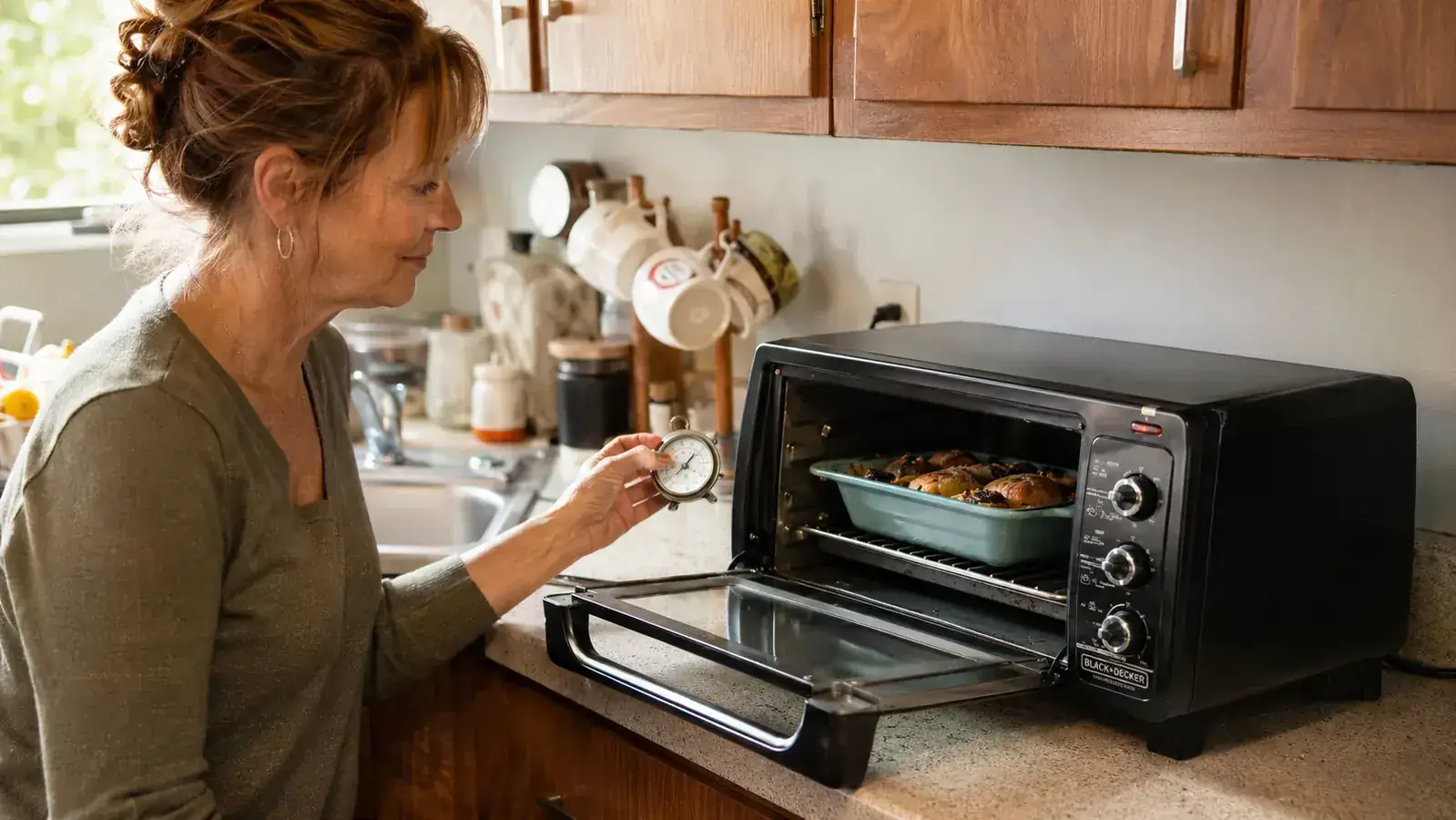 Hand holding an oven thermometer up to the open BLACK+DECKER toaster oven door to check actual internal temperature