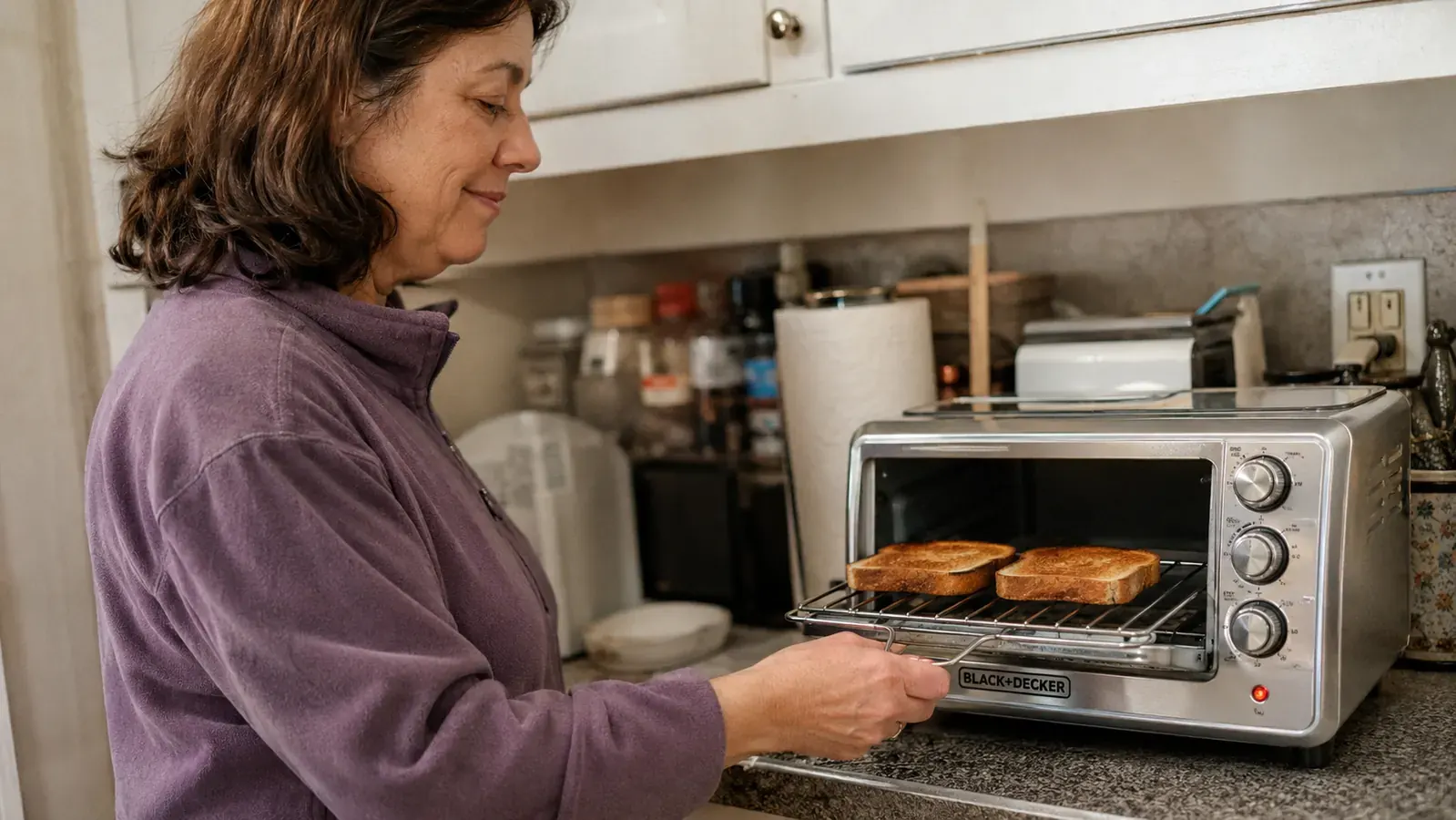 Hand pulling a wire rack with toast out of the silver BLACK+DECKER toaster oven on a countertop