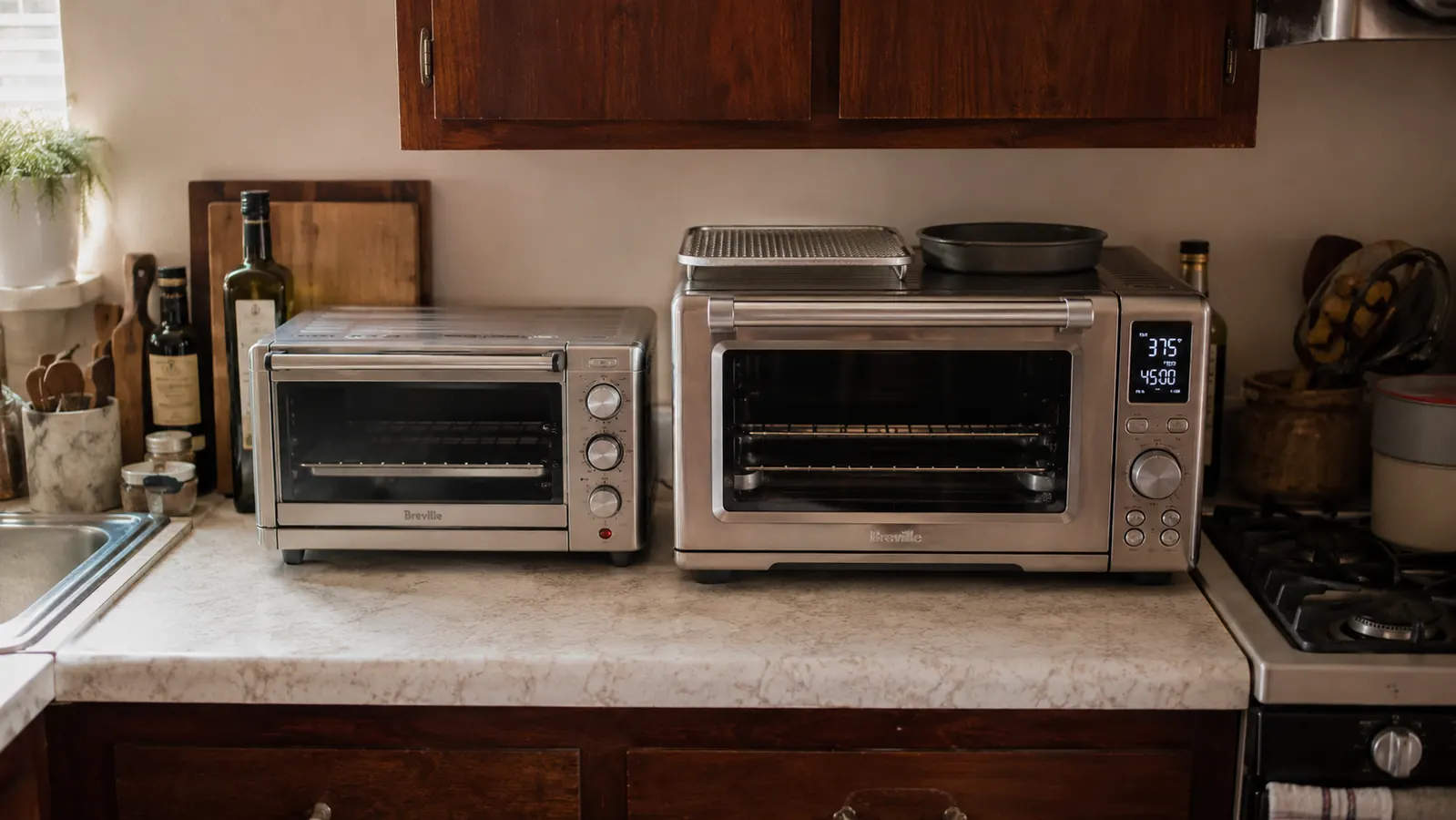 A silver toaster oven and a larger smart oven sitting side by side on a narrow kitchen counter, showing a similar width but different depth