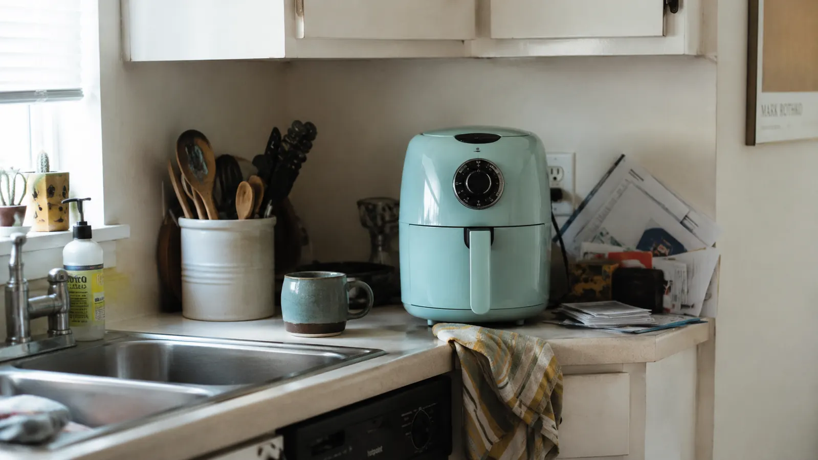 Dash Tasti-Crisp air fryer on a cluttered studio apartment kitchenette counter next to a coffee maker and a stack of mail