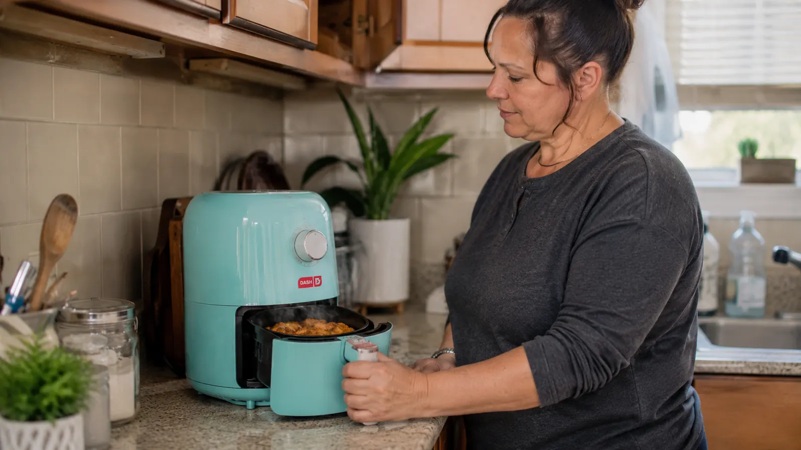 Hand pulling the basket out of the Dash Tasti-Crisp air fryer to check on food