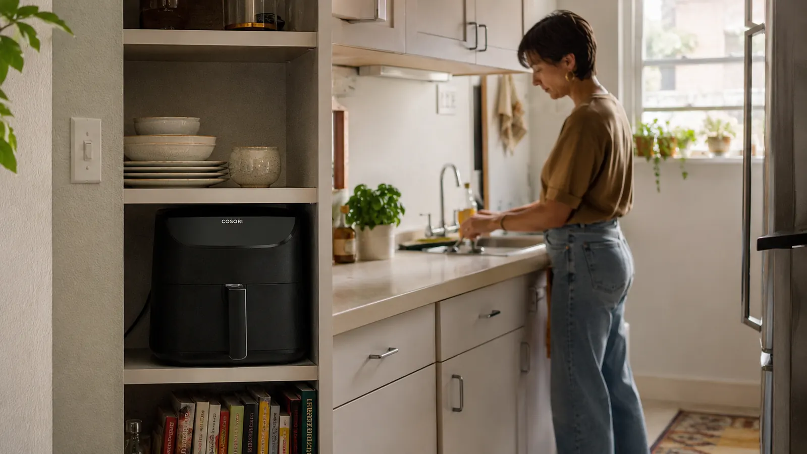 Small aqua air fryer stored on an open shelf above a narrow kitchen counter