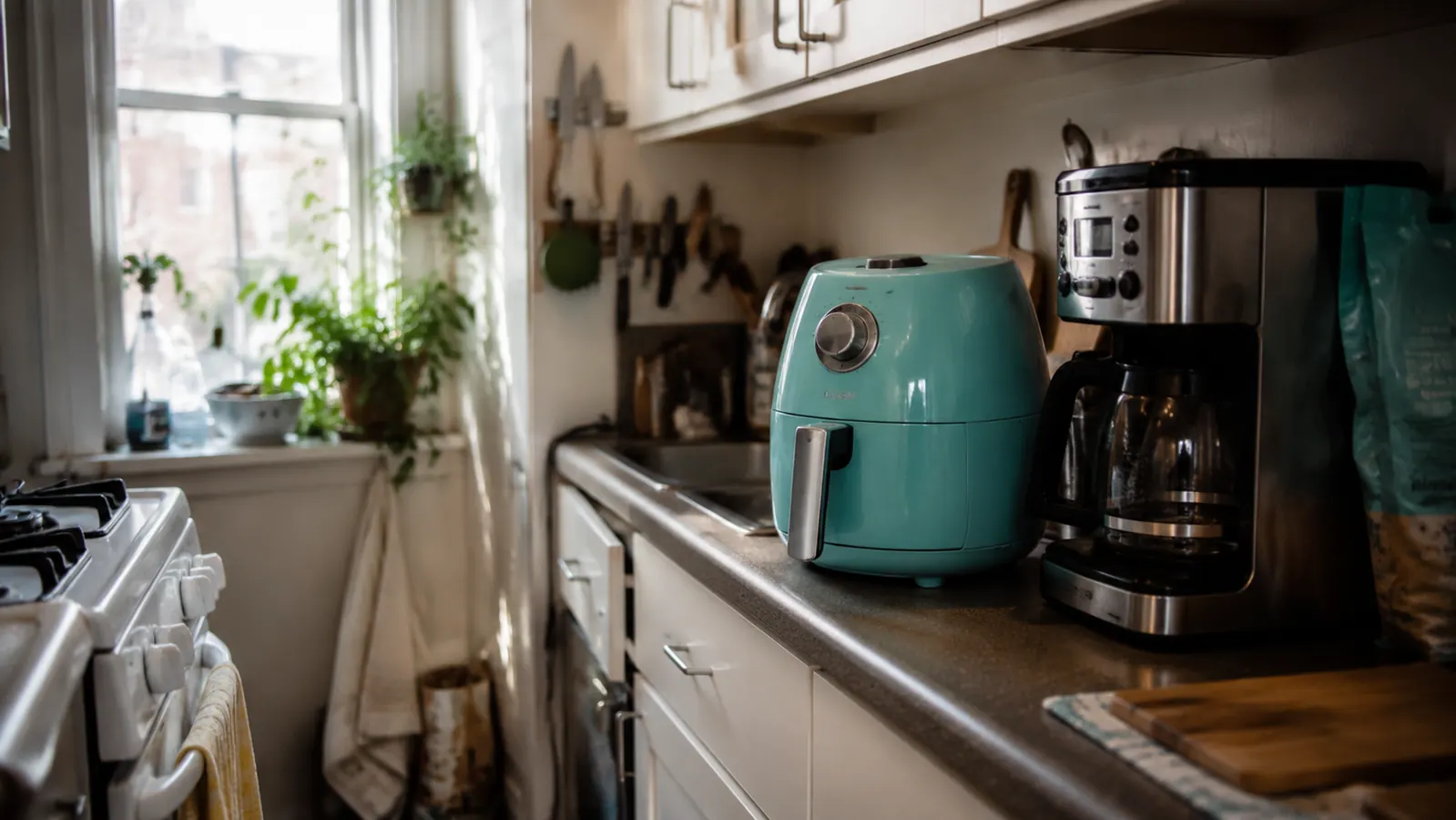 Dash Tasti-Crisp air fryer sitting on a narrow apartment kitchen counter next to a coffee maker