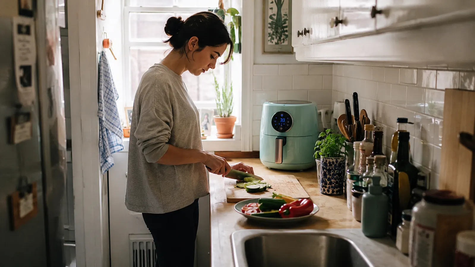 Small apartment kitchen with a single run of counter and a compact air fryer tucked at the end near the wall