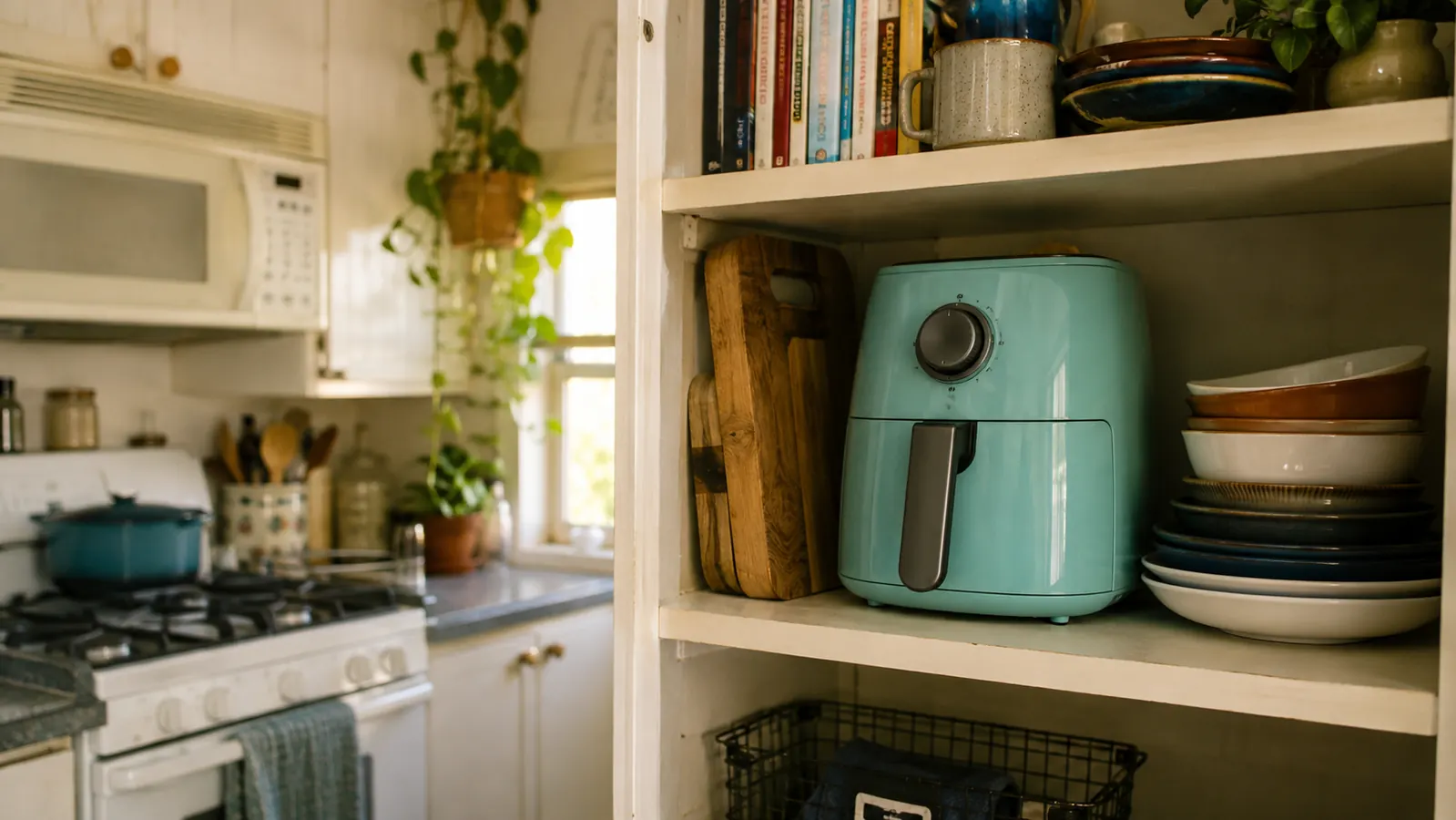 A compact air fryer stored on an open shelf next to stacked mixing bowls in a small kitchen