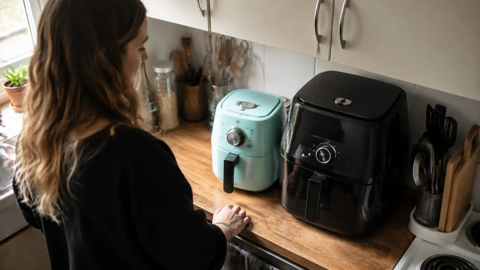 Two air fryers of different sizes on a narrow kitchen counter, one compact and one noticeably larger, next to a stack of dishes for scale