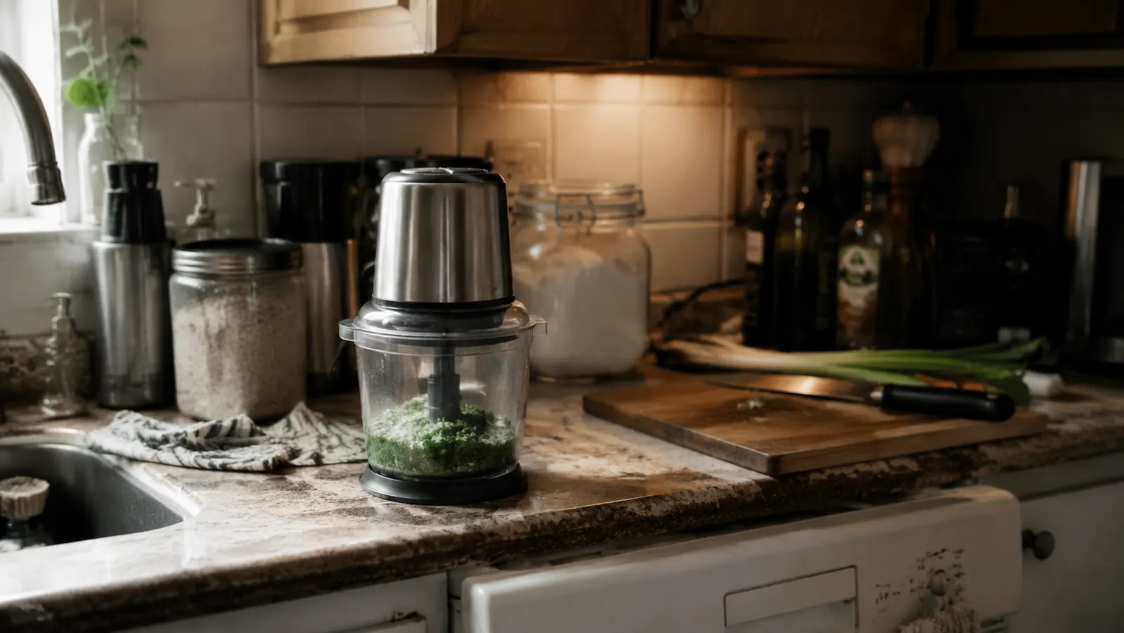 Small white and stainless chopper on a narrow counter beside a cutting board and a chef's knife set to the side, unused