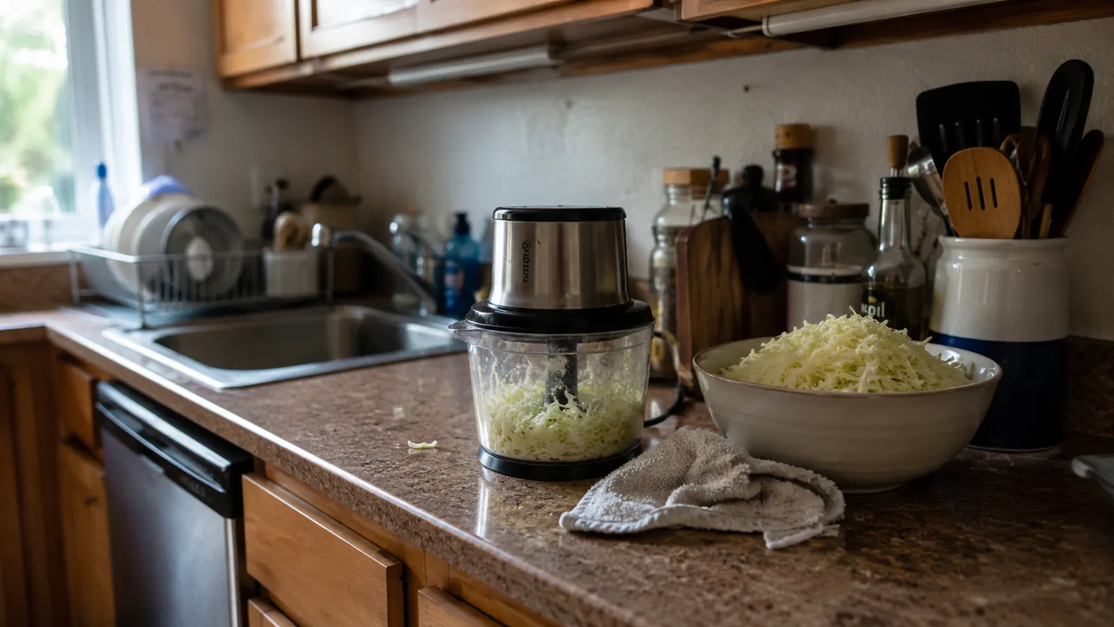 Small stainless and white Hamilton Beach chopper on a cluttered narrow kitchen counter with a damp dish towel and a half-shredded cabbage nearby