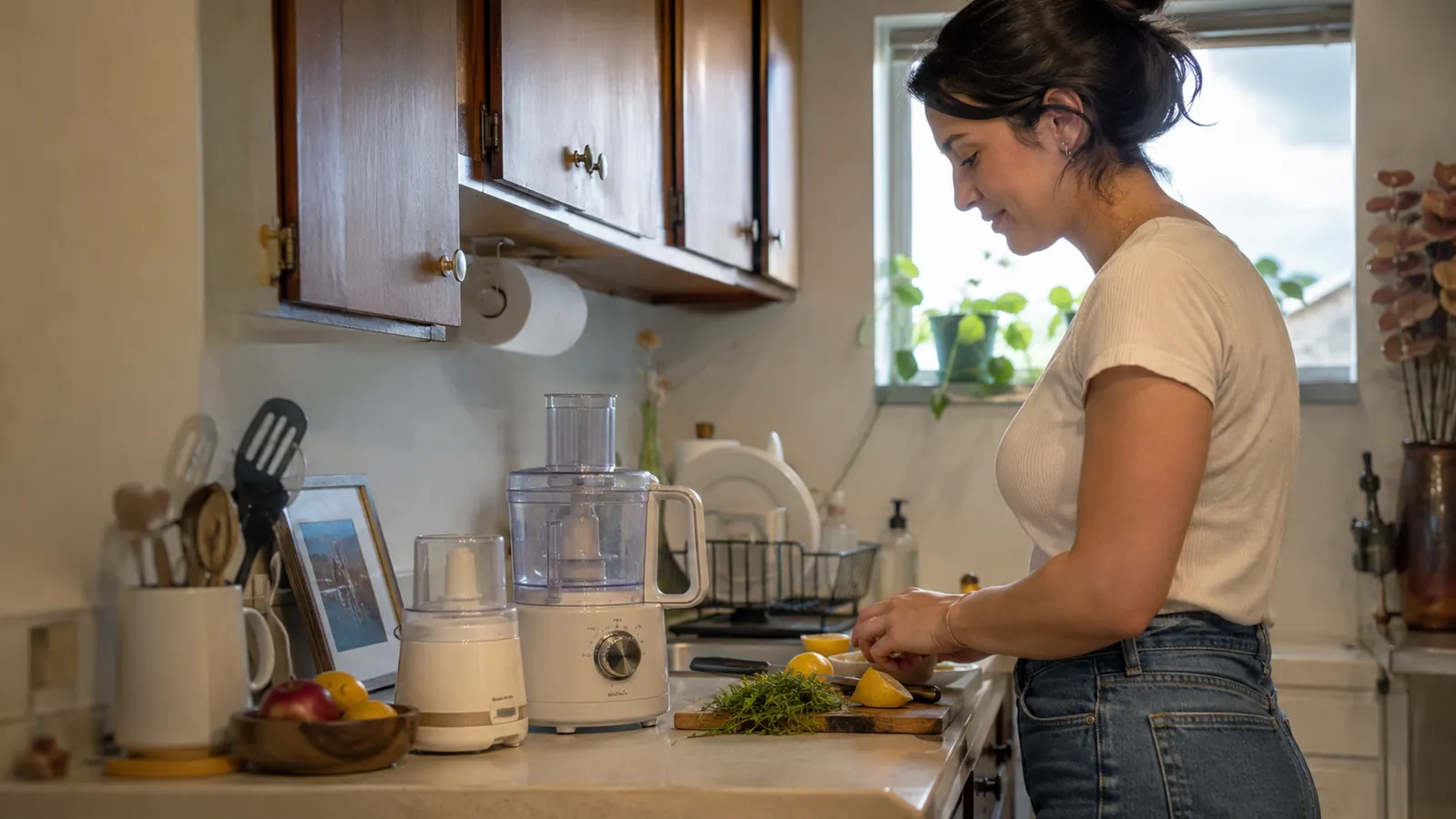 A small white Hamilton Beach chopper and a slightly larger Cuisinart Mini-Prep food processor sitting side by side on a narrow kitchen counter