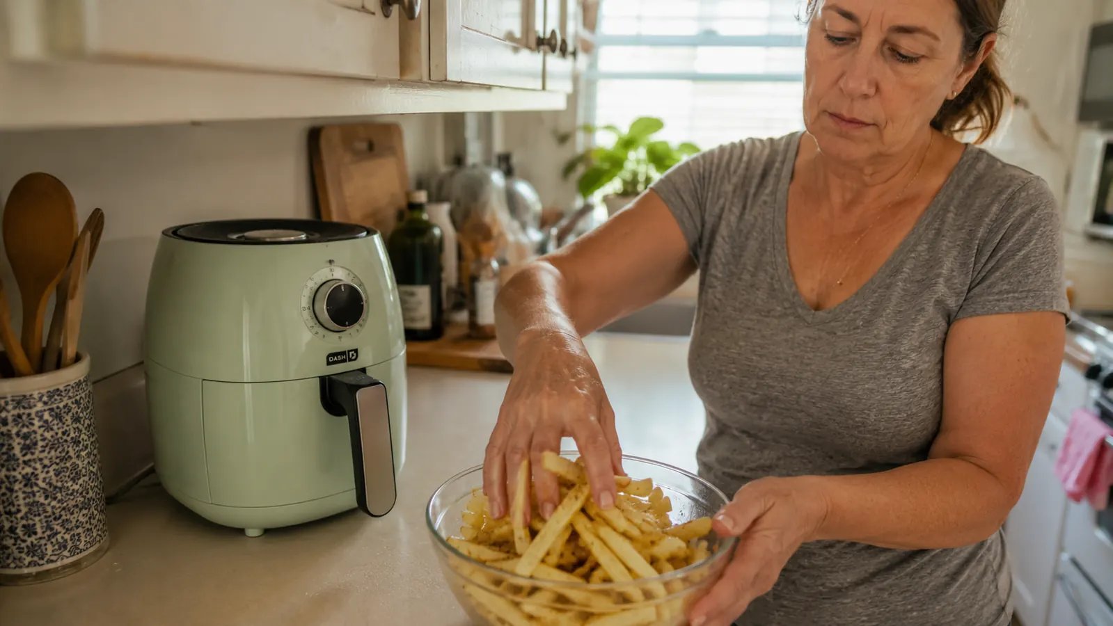 Hand tossing cut potato fries in a small mixing bowl with a spoonful of oil before loading the air fryer basket