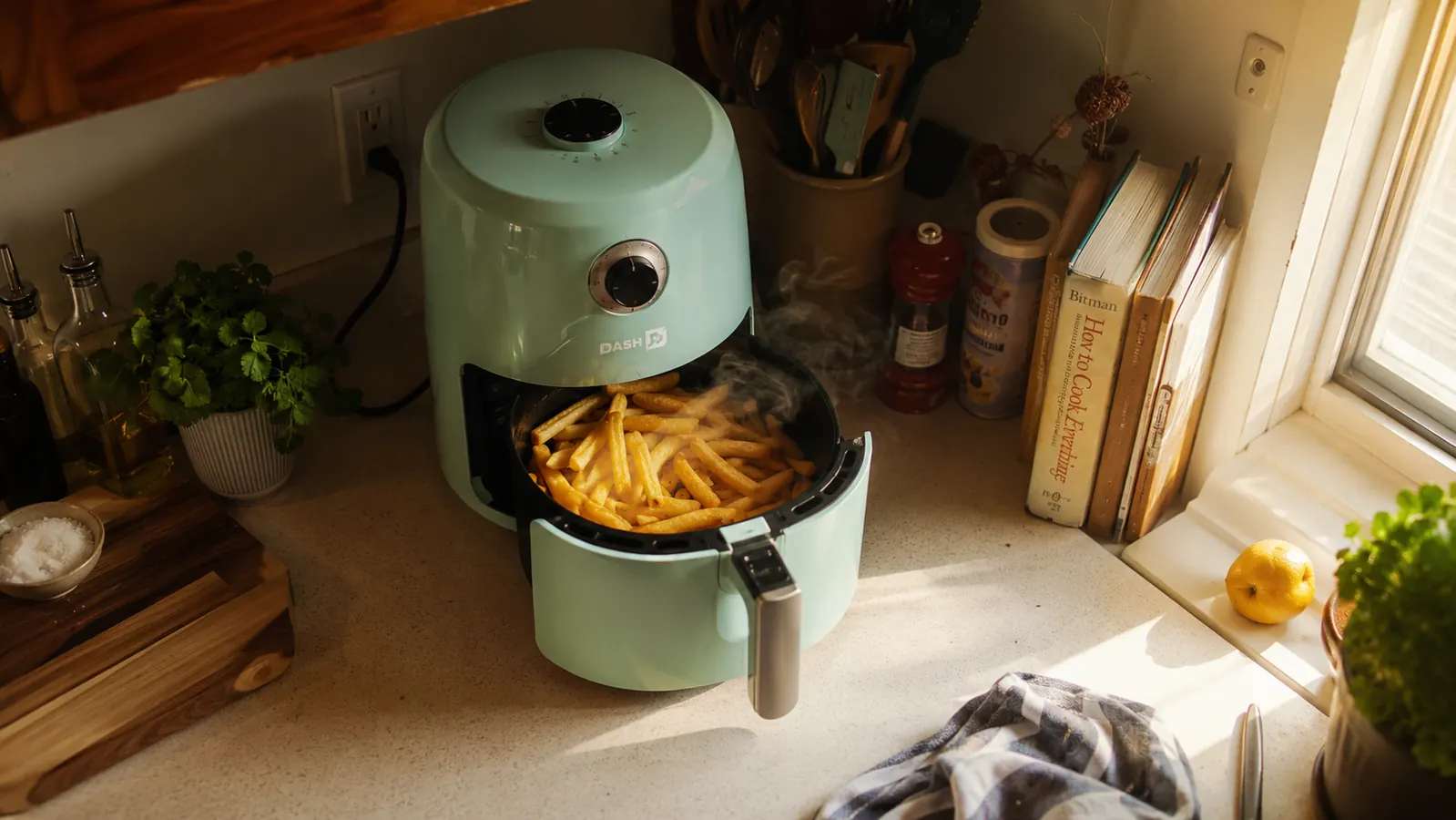 Basket of golden crispy fries just pulled from a small aqua-colored air fryer on a narrow kitchen counter