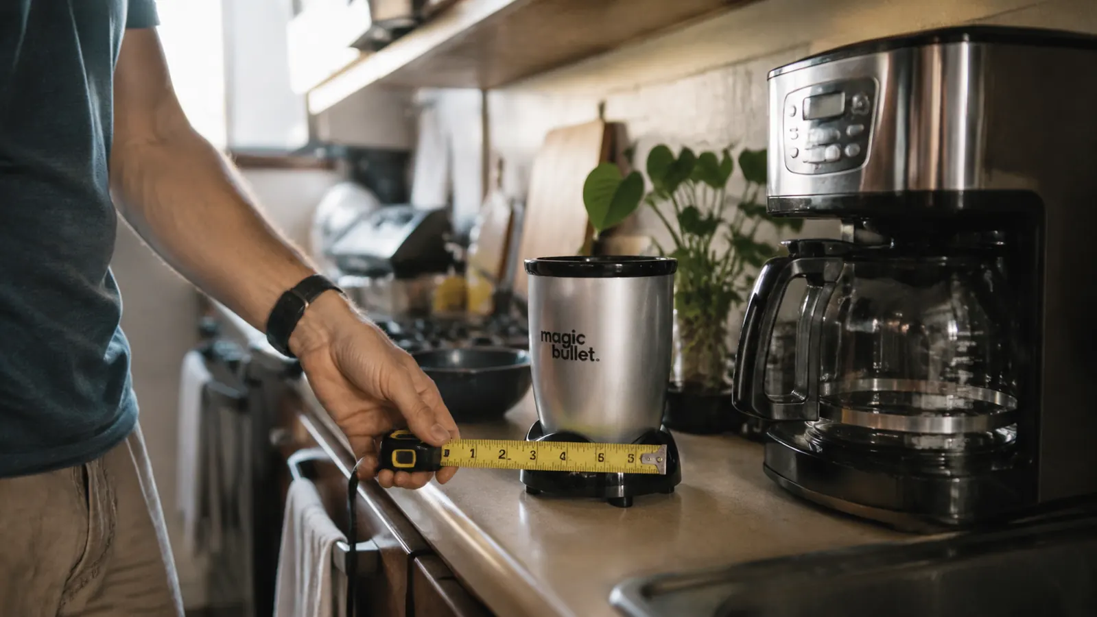 Small kitchen counter with the Magic Bullet base tucked beside a coffee maker, its footprint shown against a tape measure