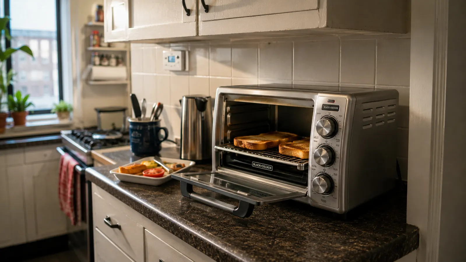 Silver BLACK+DECKER toaster oven on a narrow kitchen counter with toast in the rack and a small baking tray beside it