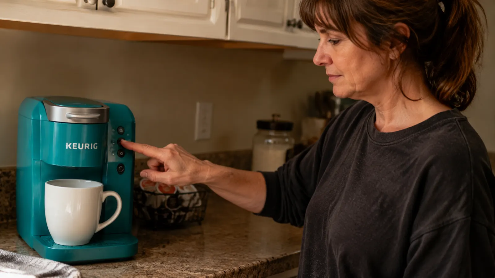 Hand pressing the Strong button on a Keurig K-Express while a mug sits under the spout
