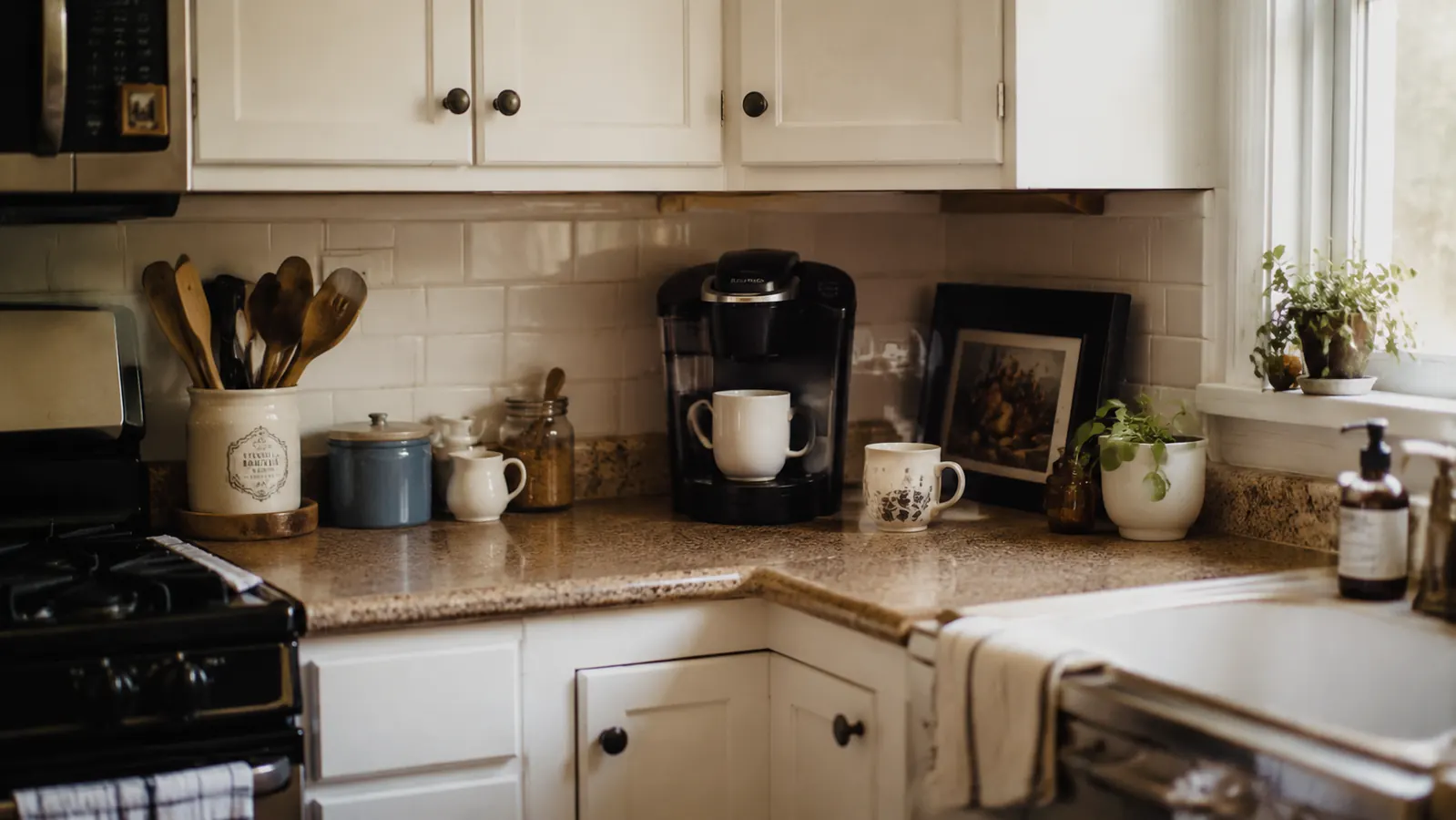 Small L-shaped kitchen with a compact single-serve coffee maker tucked into the corner counter between two mugs