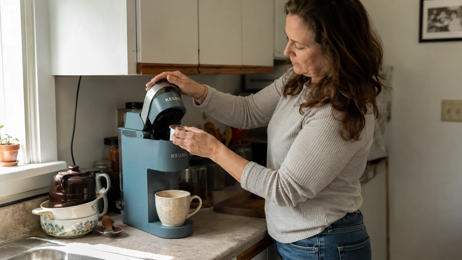 Hand lifting the top of the Keurig K-Express to load a K-Cup pod before brewing