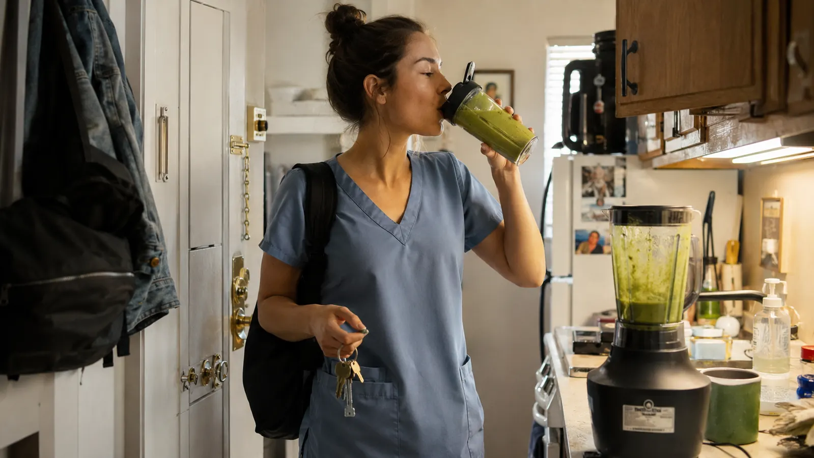 Woman in scrubs drinking a smoothie straight from the blender cup while grabbing her keys by the door