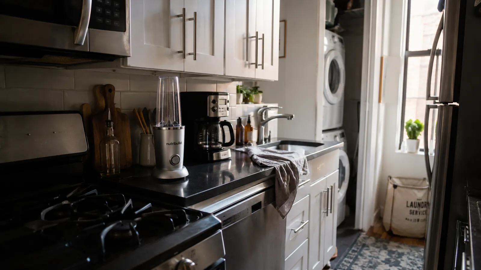 Small condo kitchen with one run of counter, a coffee maker, and a compact silver blender near the edge