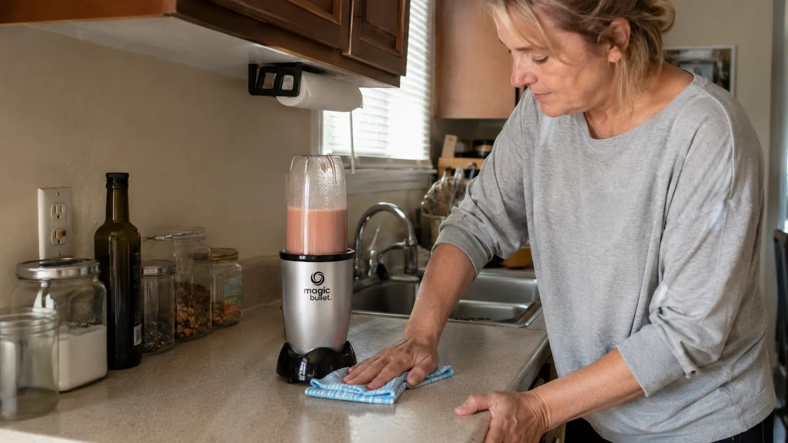 Hand wiping a thin line of smoothie leaking from under the blender base with a dish towel