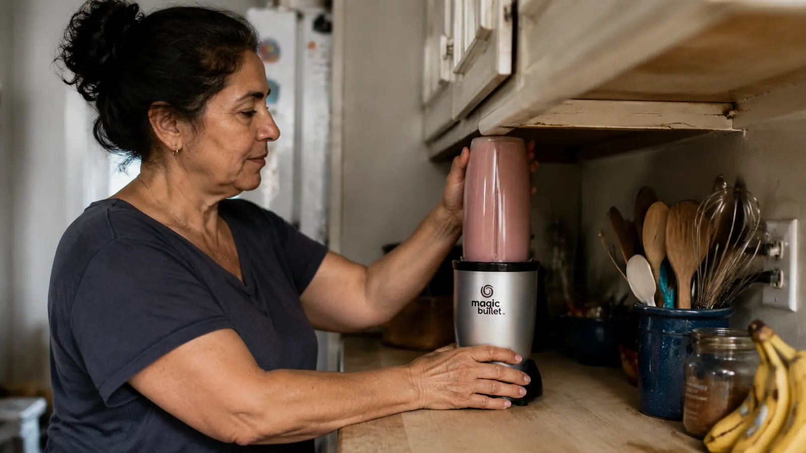 Hand twisting a personal blender cup onto its power base directly beneath a low kitchen cabinet