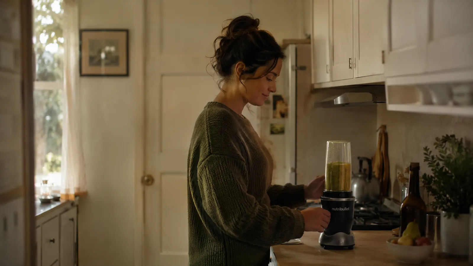 Small kitchen counter with a personal blender tucked beside the stove in soft morning light